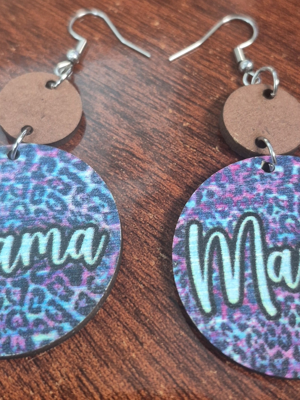Mama Leopard Print Dangle Earrings in Teal & Purple